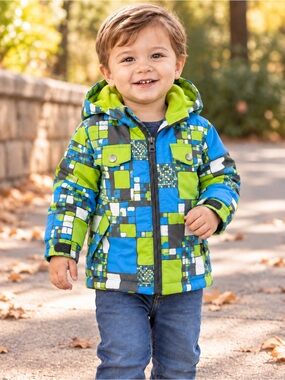 Mini Hoss Toddler Hooded Fleece-Lined Geometric Jacket 18M Blue Green